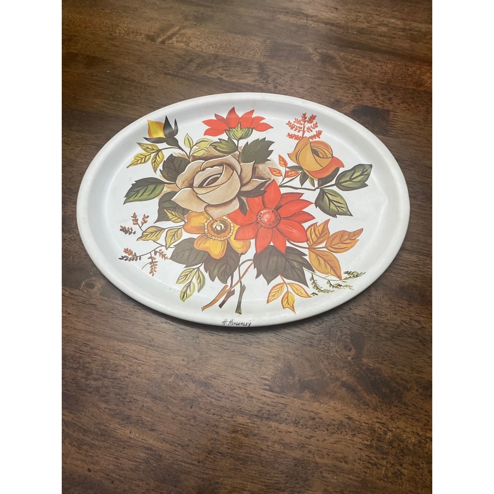 Vintage H Henderley Floral Metal Serving Tray Oval White Orange Rose Platter